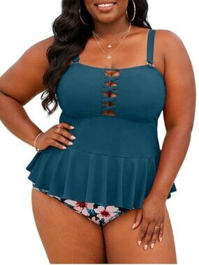 Yonique Plus Size 14W Two-Piece Swimsuit Peplum Top Floral High-Waisted Bikini